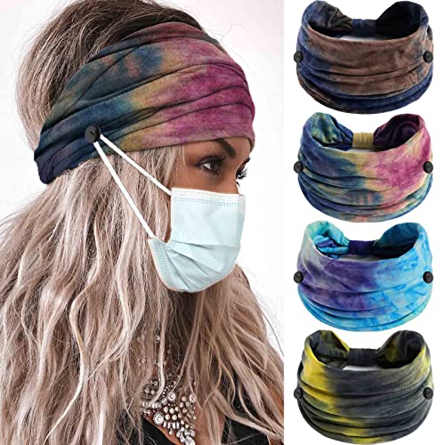 Olbye Wide Tie Dye Button Headbands for Masks - 4 Piece Set