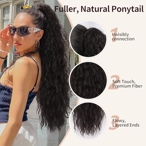 ORSUNCER Claw Long Wavy Ponytail Extension Black Brown 30" Curly Pony Tail Clip in Hair Extensions for Women fluffy Natural Looking Synthetic Hairpiece for Daily Use