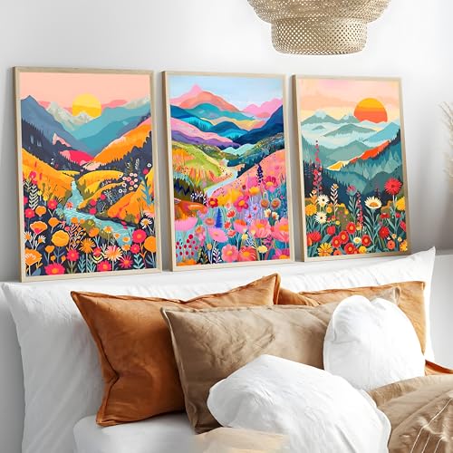 Boho Watercolor Mountain Art Prints Set of 3 - 12x16 Unframed