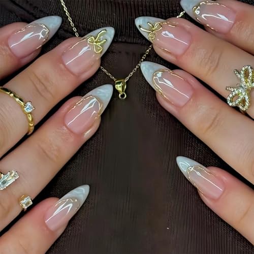 24pcs White French Tip Almond Press-On Nails with 3D Bow