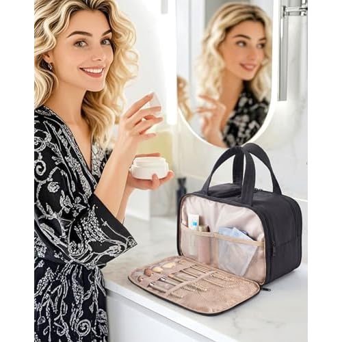BAGSMART Travel Toiletry Bag, Puffy Large Toiletry Bag for Women, Lightweight Cosmetic Makeup Bag Organizer with Handle for Traveling, Accessories, Essentials, Toiletries (Black)