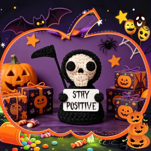 Funny Gothic Grim Reaper Plush with Stay Positive Sign - Unique Office Decor