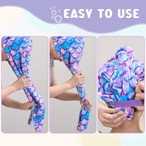 Kids Microfiber Hair Towel Wrap - Rainbow & Purple Mermaid Design, 2 Pack
