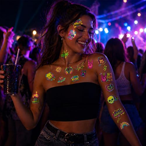 Glow in the Dark Temporary Tattoos - 10 Sheets UV Reactive Neon Designs