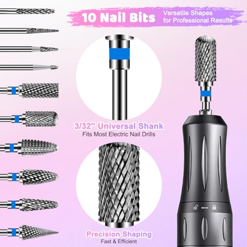 CGBE 10PCS Tungsten Carbide Nail Drill Bits Set - 3/32" Universal Shank