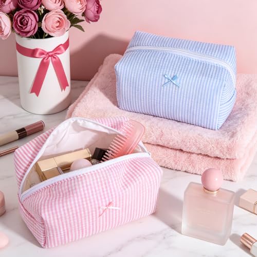 Giesiery Pink & Blue Striped Makeup Bags Set - Travel Cosmetic Organizer for Women