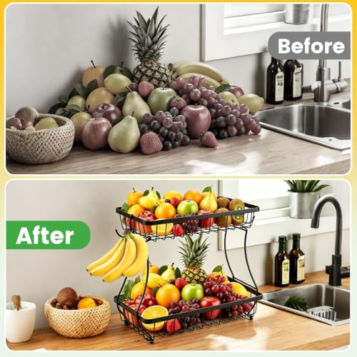 2-Tier Metal Fruit Basket with Banana Hangers for Kitchen