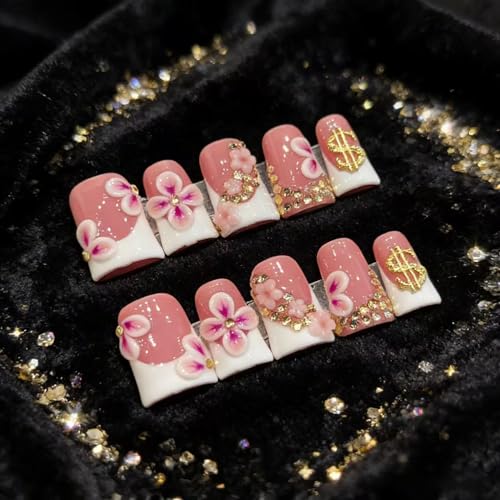 Handmade Duck Nails Style 22 - 10 Pcs Pink French Press On Nails with 3D Flower Designs