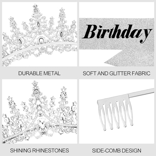CURASA Silver Birthday Tiara and Sash Set - Rhinestone Crown for Women