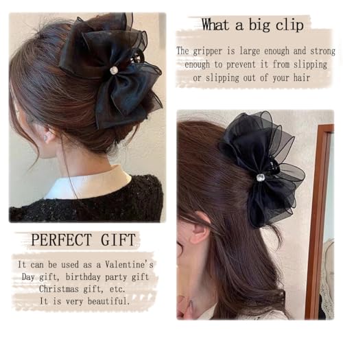 Large Black Mesh Tulle Bow Hair Claw Clips with Diamonds - 2 PCS
