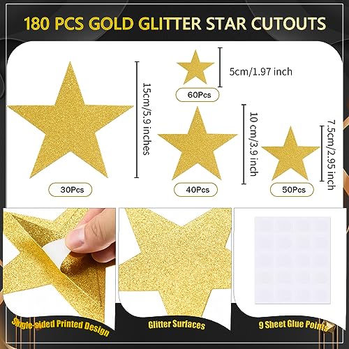 180 Pcs Gold Glitter Star Cutouts for Party Decorations - 4 Sizes