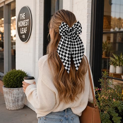 Oversized Black and White Checkered Hair Clip with Bow
