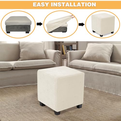 NeColorLife Small Square Ottoman Cover - Stretch Jacquard Slipcover in Beige