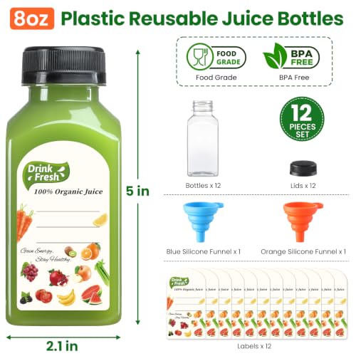 8oz Reusable Plastic Juice Bottles Pack of 12 with Caps & Labels - Leakproof, BPA-Free