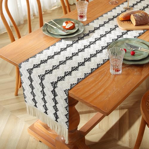 Boho Macrame Table Runner with Tassels - 72" Black & White