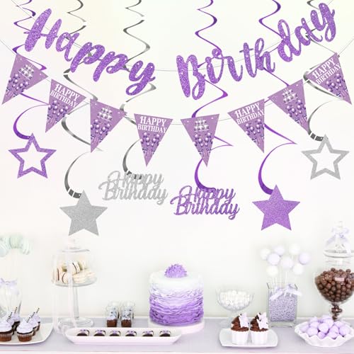 Purple Silver Birthday Decorations Kit for Girls & Women