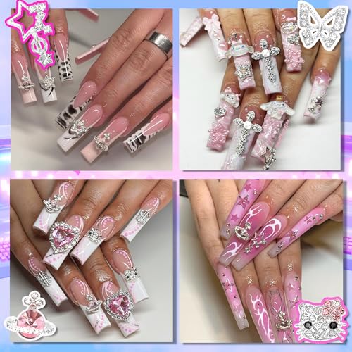 Namifin Silver 48PCS Y2K Nail Charms & Gems for Nail Art, 3D Star Butterfly Planet Cross Designs