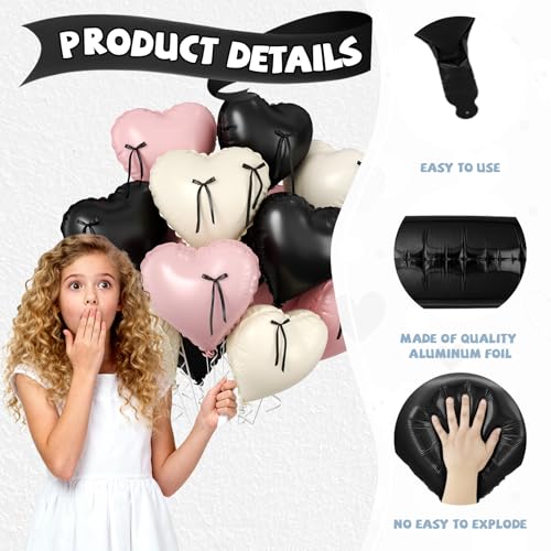 10 Pcs Pink and Black Heart Balloons with Ribbons - 18 Inch
