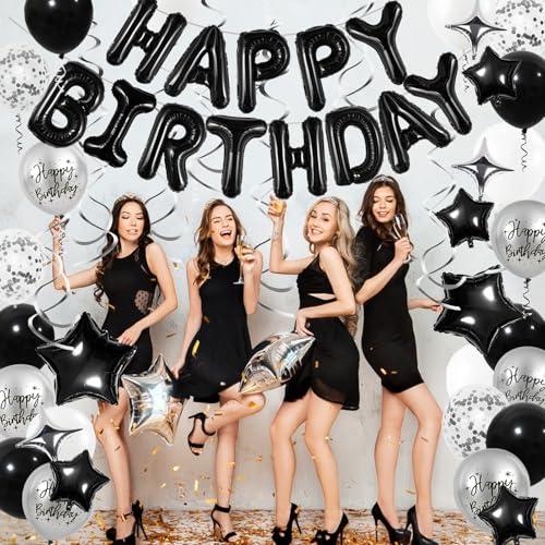 Black and Silver Birthday Decorations Set with Balloons & Banner