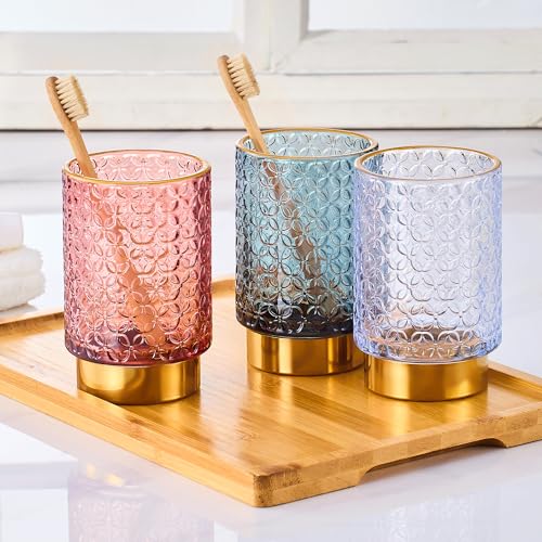 Vintage Glass Makeup Brush Holder with Gold Metal Base - Desk Organizer
