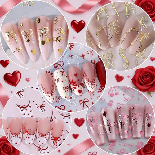 Qdsuh Valentine's Day Nail Stickers – 7 Sheets; 3D Hearts, Bows, Gold & Red Decals with Style8