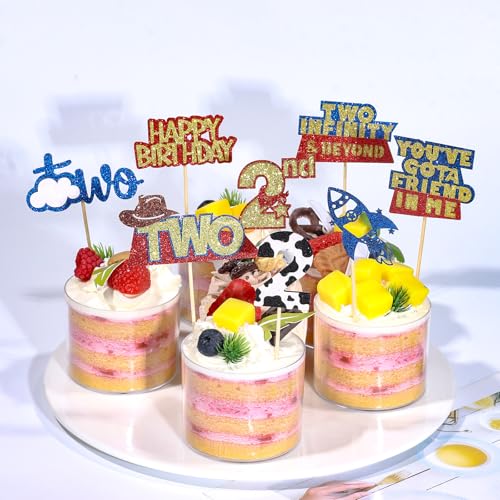 48Pcs Glitter Toy Themed Cupcake Toppers for 2nd Birthday