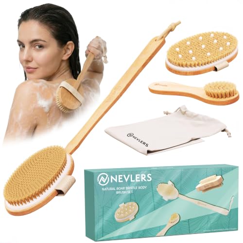 Nevlers 4-Piece Natural Boar Bristle Dry Brush Set for Body & Face