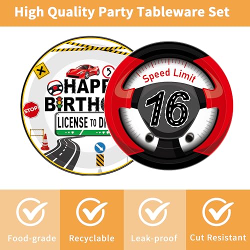 16th Birthday Decorations Set for Boys - Driver's License Theme, 96 Pcs Tableware for 24 Guests