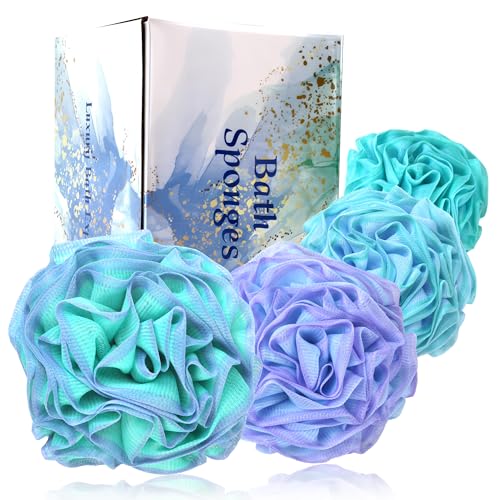 Manditae 4-Pack Green-Blue Large Exfoliating Bath Loofah Sponges for Sensitive Skin