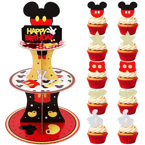 3-Tier Black and Red Cupcake Stand with 10 Cartoon Toppers