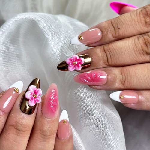Medium Almond Press On Nails - Rose Gold 3D Flower & Gold Foil - 10PCS