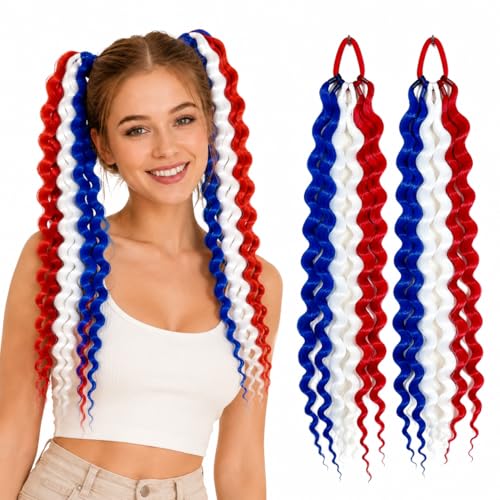 TASHEEMA Red White Blue 18 Inch Curly Ponytail Extensions 2 Pack for 4th of July & Festive Styles