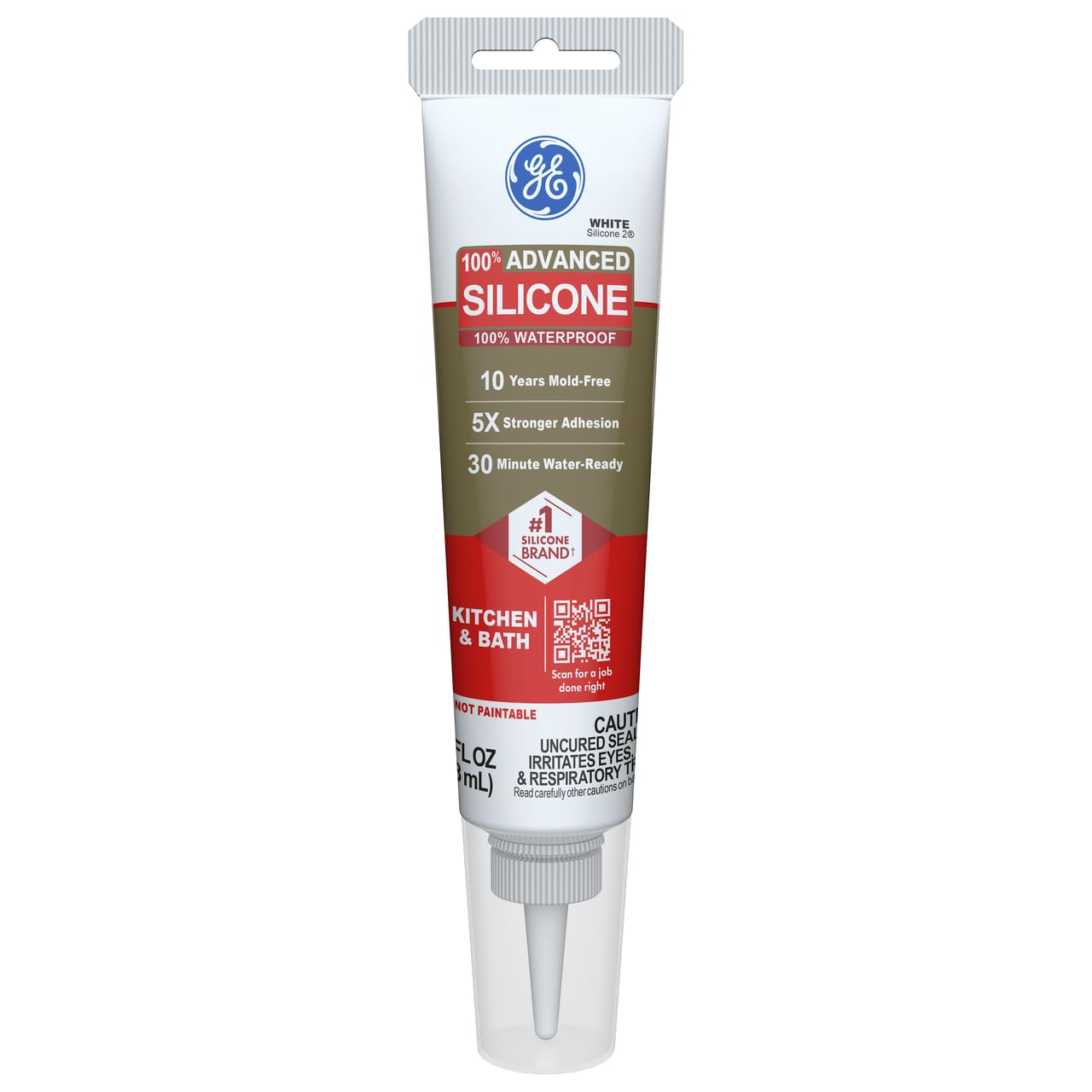 GE Advanced Silicone Caulk - Waterproof Kitchen & Bathroom Sealant | 2.8 fl oz Tube, White, 5X Stronger Adhesion