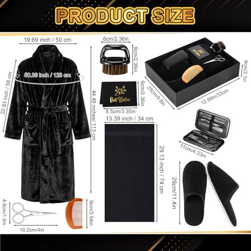 Hercicy 9 Packs Birthday Gifts for Men, Father Day Beard Care Ideas Set, Graduation Beard Grooming Bath Robe Slippers Nail Care Kit Towel Men's Gift Box for Husband Brother Dad(Black,Plush)