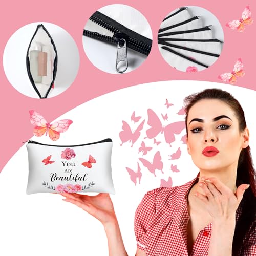 Hillban 10 Pcs Canvas Cosmetic Bags, White Butterfly Print Makeup Pouches