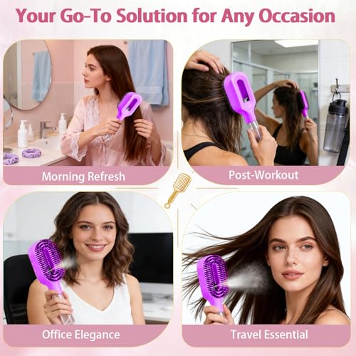 2-in-1 Purple Hair Brush with Water Spray - Detangler for Frizz Control