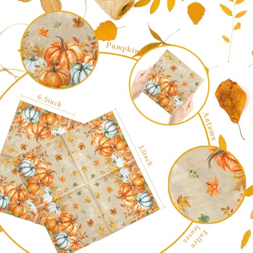 48-Pack Fall Napkins - Watercolor Pumpkin and Maple Design, 6.5x6.5in