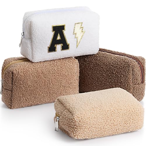 Paterr 4 Pack Fuzzy Cosmetic Bags in White & Brown Plush Travel Makeup Pouches
