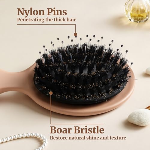 KFHENSOMR Dark Brown Travel Mini Boar Bristle Hair Brush for All Hair Types