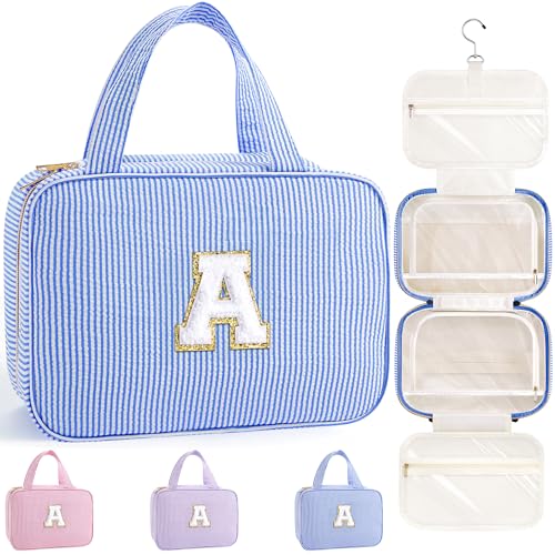TOPEAST Travel Hanging Toiletry Bag & Makeup Bag, Personalized Initial Toiletry Pouch, Birthday Gifts for Women Teen Girls Friends, Cruise Essentials, Blue A