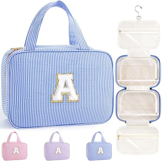 TOPEAST Travel Hanging Toiletry Bag & Makeup Bag, Personalized Initial Toiletry Pouch, Birthday Gifts for Women Teen Girls Friends, Cruise Essentials, Blue A