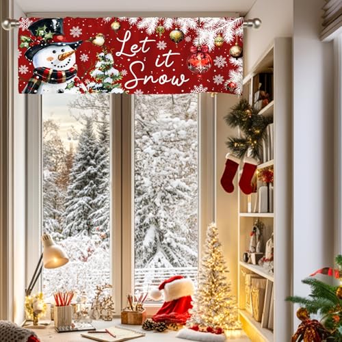 Snowman Christmas Valance Curtains - 51x18 Red Drapes for Windows