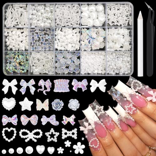 RODAKY White 3D Nail Charms Set with Bows Hearts Butterflies Assorted Decorations