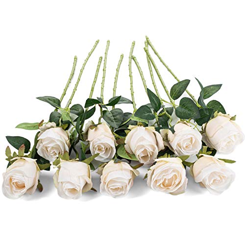 10pcs Long Stem Artificial Silk Rose Flowers - White DIY Decor