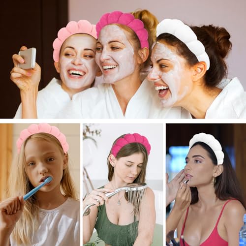 3 Pack Spa Headbands - Terry Cloth Makeup & Facial Cleansing Bands (White, Pink, Hot Pink)