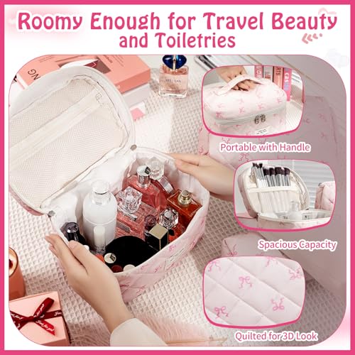 3pcs Pink Slimbow Cotton Quilted Makeup Bag Set for Travel