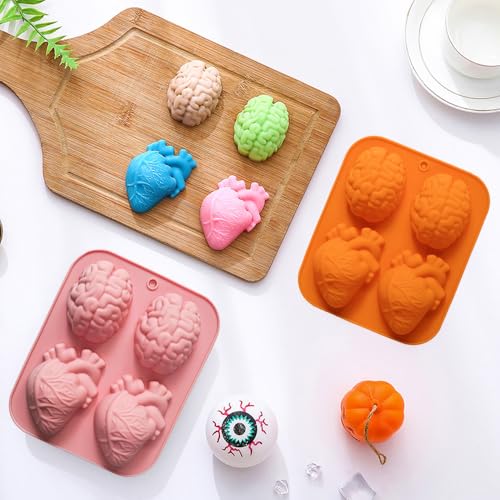 4-Piece Silicone Heart and Brain Molds for Halloween Desserts