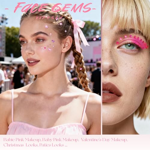 Self-Adhesive Pink Face Gems - Heart & Star Rhinestone Stickers