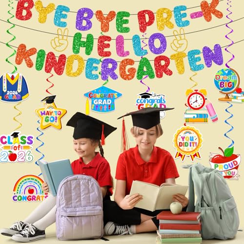 Pre-K Graduation Decorations Set with Banner and Hanging Swirls