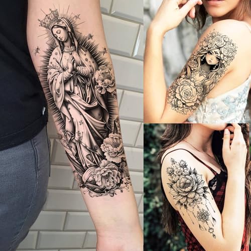 SELIDODO Black Flower 75 Sheets Realistic 3D Temporary Tattoos for Women & Girls - Guadalupe Virgin Mary Lotus Snake Peony Floral Designs